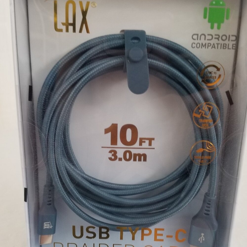 LAX USB Type C Braided Cable Android Apple Compatible 10 Ft. Blue Brand New